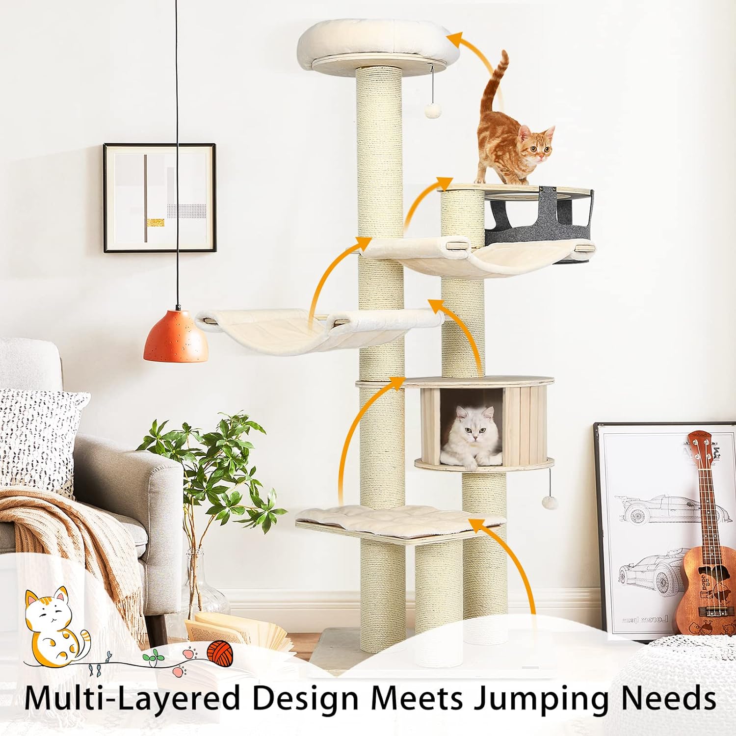Árbol para Gatos Grande, Torre de Múltiples Niveles con Poste de Sisal, Hamaca, Cesta Colgante y Alfombrillas Desmontables y Lavables, Perfecto para Gatos Grandes