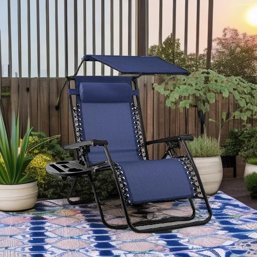 Best Choice Products – Silla Reclinable de Patio con Gravedad Cero, Ajustable y Plegable para Exteriores con Dosel, Almohada Cervical y Bandeja Lateral, Textileno – Azul Pavo Real