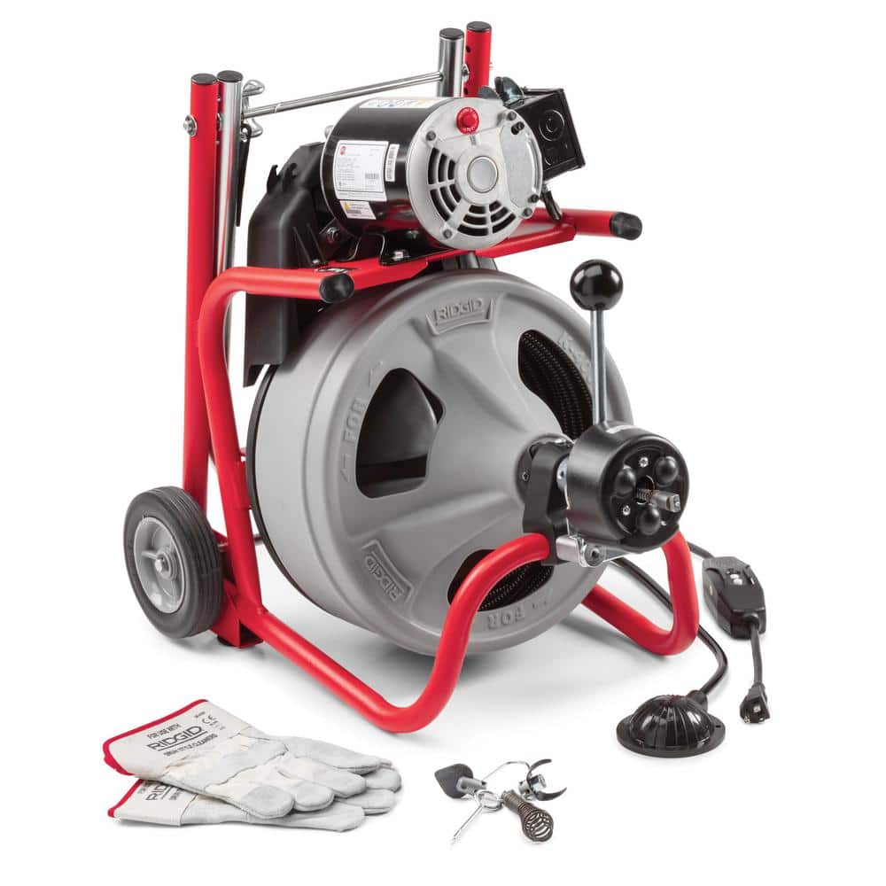 K-400 Máquina Desatascadora de Drenajes con Tambor de 120 Voltios con Cable C-32IW de 3/8 pulg. x 75 pies + Juego de Herramientas de 4 Piezas y Guantes 52363