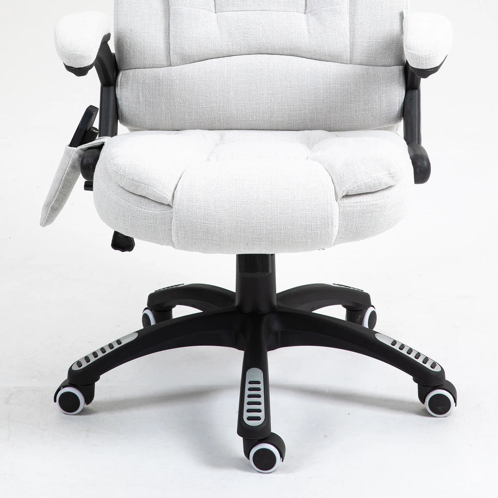 Silla de Oficina Ergonómica con Masaje de 6 Puntos y Calefacción en la Espalda, Tela Tipo Lino, Blanco Crema