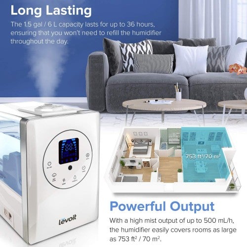 Humidificadores LEVOIT para Dormitorio y Habitaciones Grandes (6L), Humidificador Ultrasónico de Aire con Niebla Cálida y Fría para el Hogar, Toda la Casa, Cuarto del Bebé, Humedad Personalizada, Control Remoto, Libre de Gérmenes y Ultra Silencioso