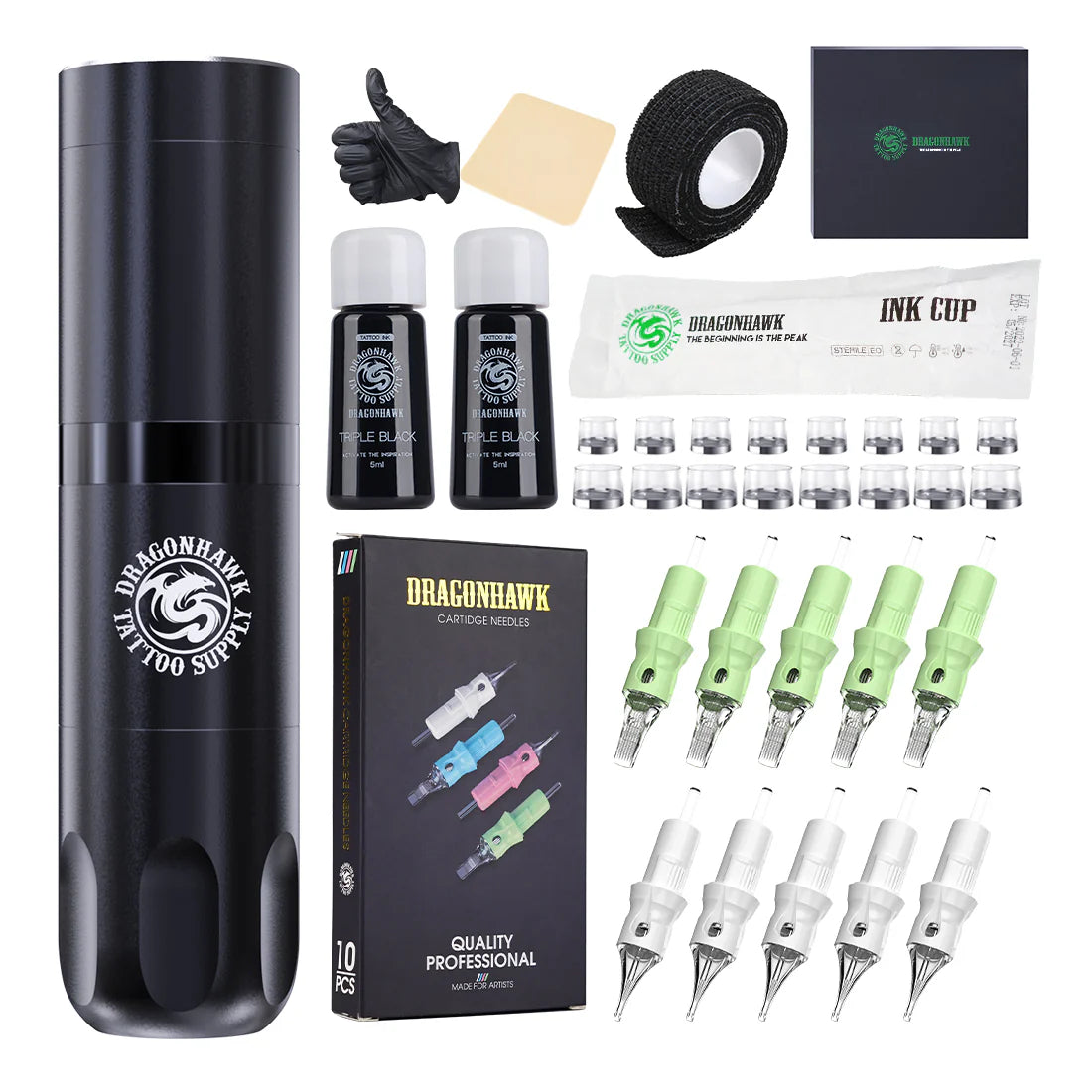 Kit de Máquina de Tatuaje Inalámbrica Dragonhawk X3 con 10 Cartuchos y Dos Botellas de Tinta Negra