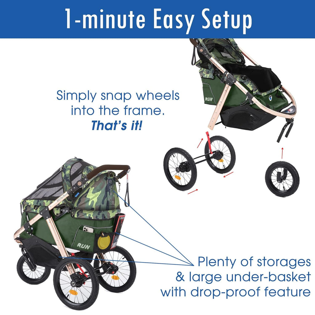 Coche Deportivo para Correr con Ruedas de Goma Confort / Entrada sin Cremallera / Plegado Rápido con Una Mano / Estructura de Aluminio para Perros, Gatos y Mascotas Pequeñas o Medianas (Camuflaje Verde)