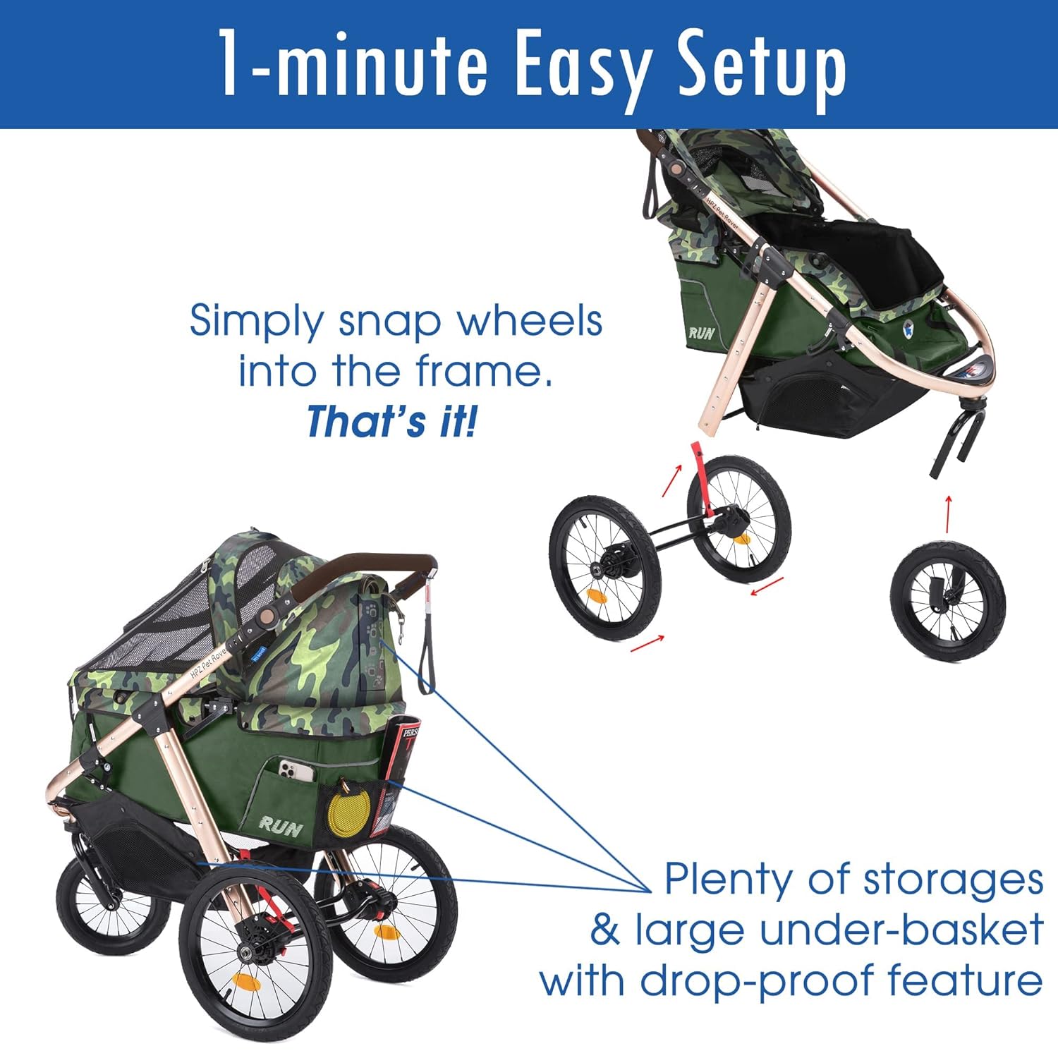 Coche Deportivo para Correr con Ruedas de Goma Confort / Entrada sin Cremallera / Plegado Rápido con Una Mano / Estructura de Aluminio para Perros, Gatos y Mascotas Pequeñas o Medianas (Camuflaje Verde)