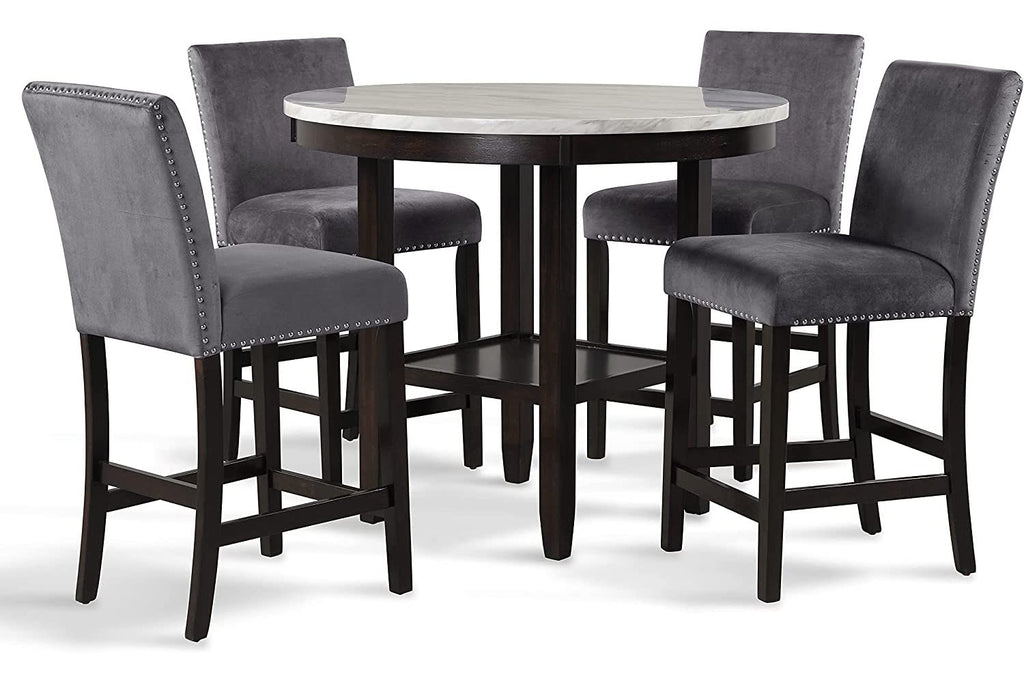 2025 New Classic Furniture Celeste Set de Comedor de 5 Piezas con Mesa Redonda de Mármol Sintético y 4 Sillas, 42 Pulgadas, Gris