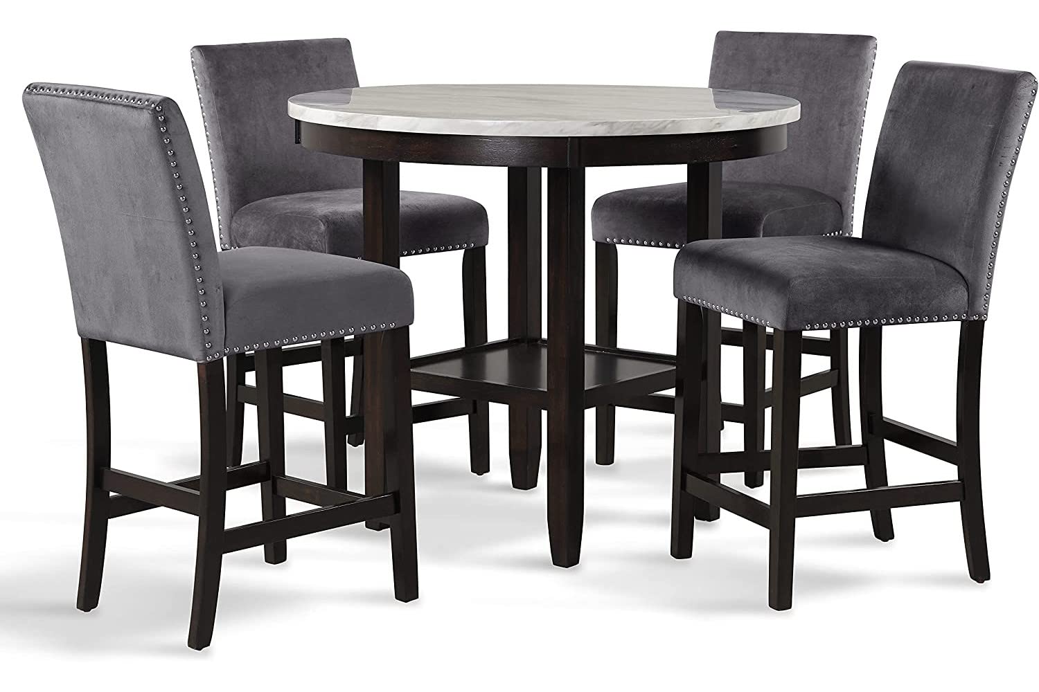2025 New Classic Furniture Celeste Set de Comedor de 5 Piezas con Mesa Redonda de Mármol Sintético y 4 Sillas, 42 Pulgadas, Gris