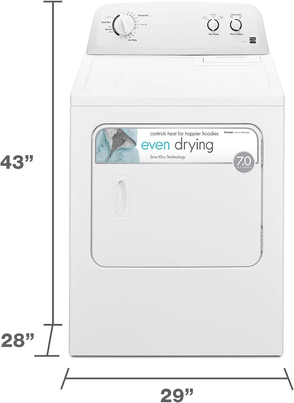 Kenmore Secadora Eléctrica de Carga Frontal de 29" con Protección contra Arrugas y Capacidad Total de 7.0 pies Cúbicos, Color Blanco