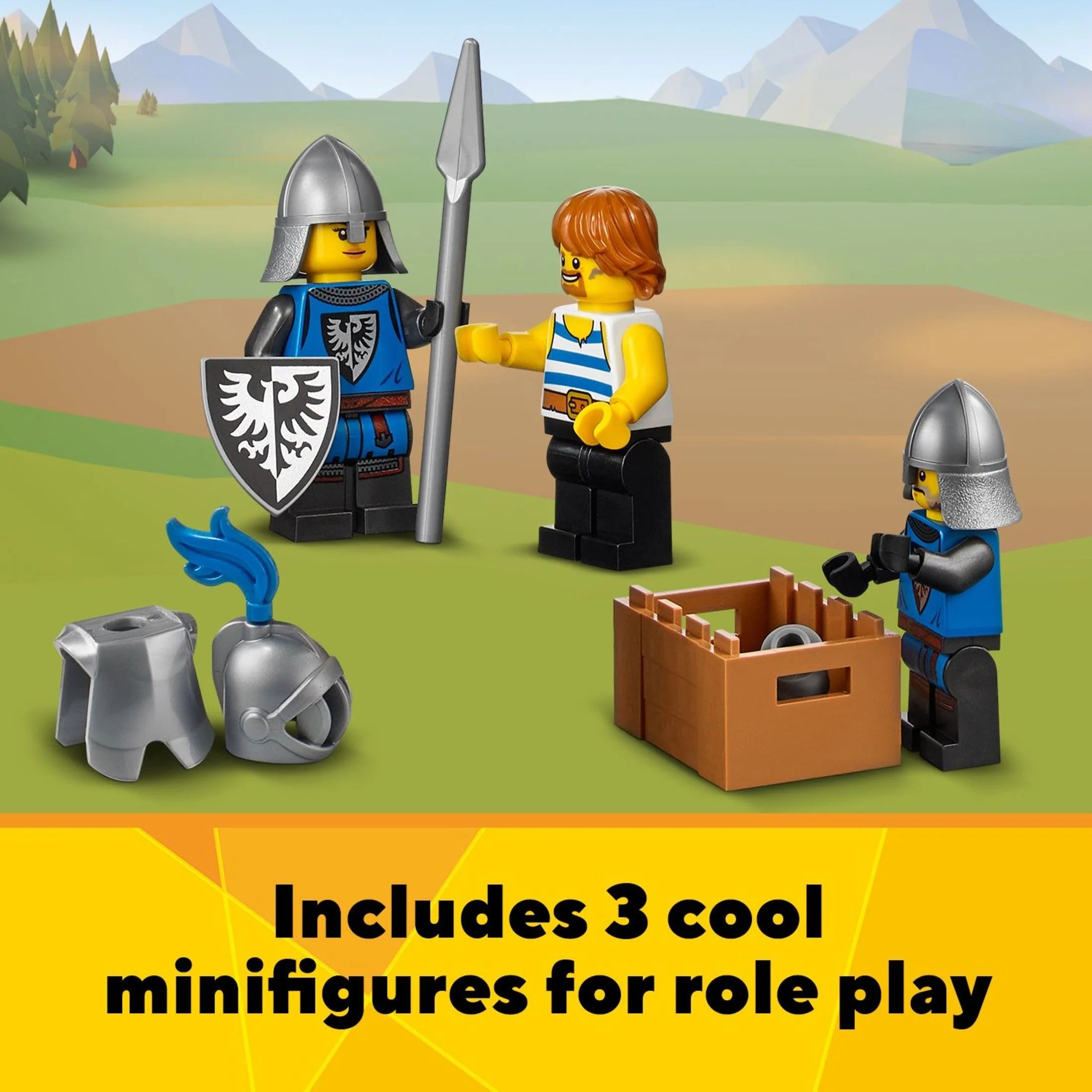 LEGO Creator 3 en 1 Castillo Medieval, se transforma de castillo a torre y a mercado, incluye figura de esqueleto y dragón, con 3 minifiguras y catapulta, 31120