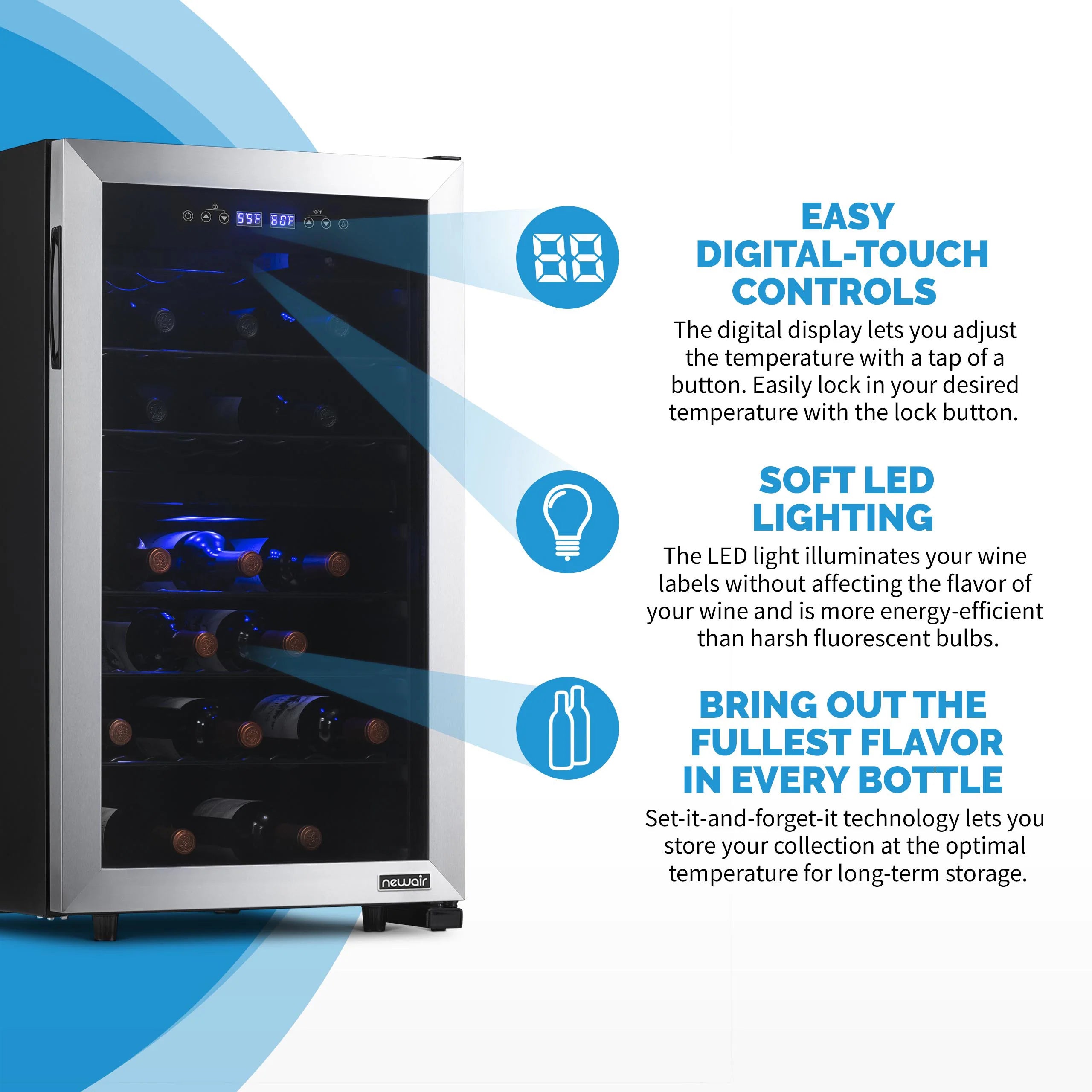 2025 Refrigerador de Vinos Independiente Newair® de Acero Inoxidable – 43 Botellas – 18,9" con Doble Zona