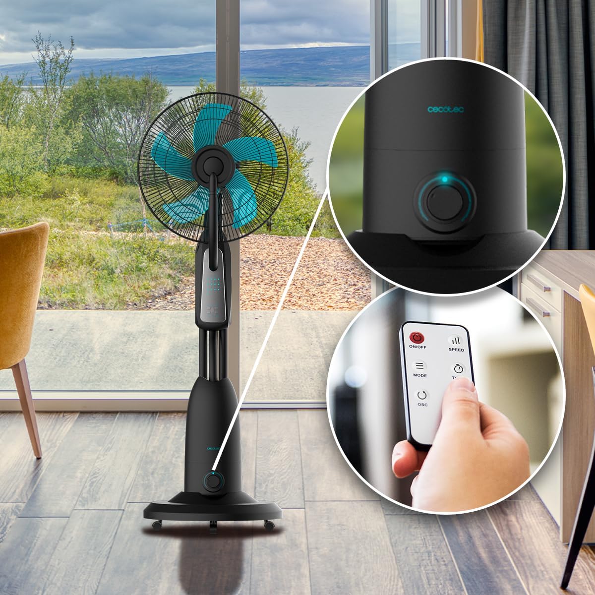 Ventilador con Nebulizador de Agua Fresca Cecotec EnergySilence 490 con Control Remoto, 90W, Diámetro 16", 5 Aspas, Depósito de 2.8L, Temporizador de 7.5h, Indicador LED y Oscilación