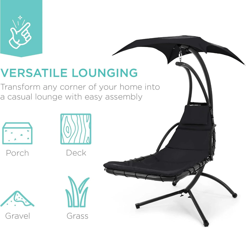 Chaise Longue Suspendue de Exterior Best Choice Products – Silla Balancín Curvada de Acero con Cojín Integrado y Toldo Desmontable – Gris Carbón