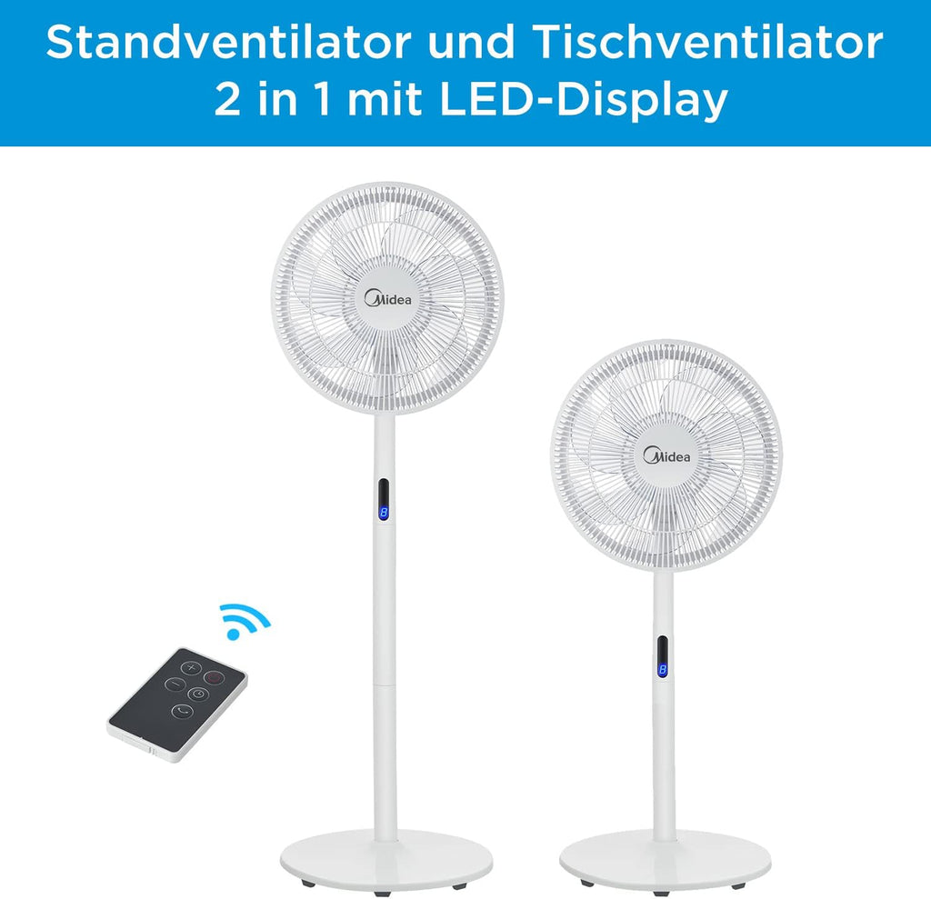 Ventilador de Pie MIDEA 12 Velocidades con Control Remoto – Ventilador Silencioso con Oscilación de 120º + 135º – Ventilador con Temporizador, Filtro y Doble Aspa – Flujo de Aire hasta 24 metros
