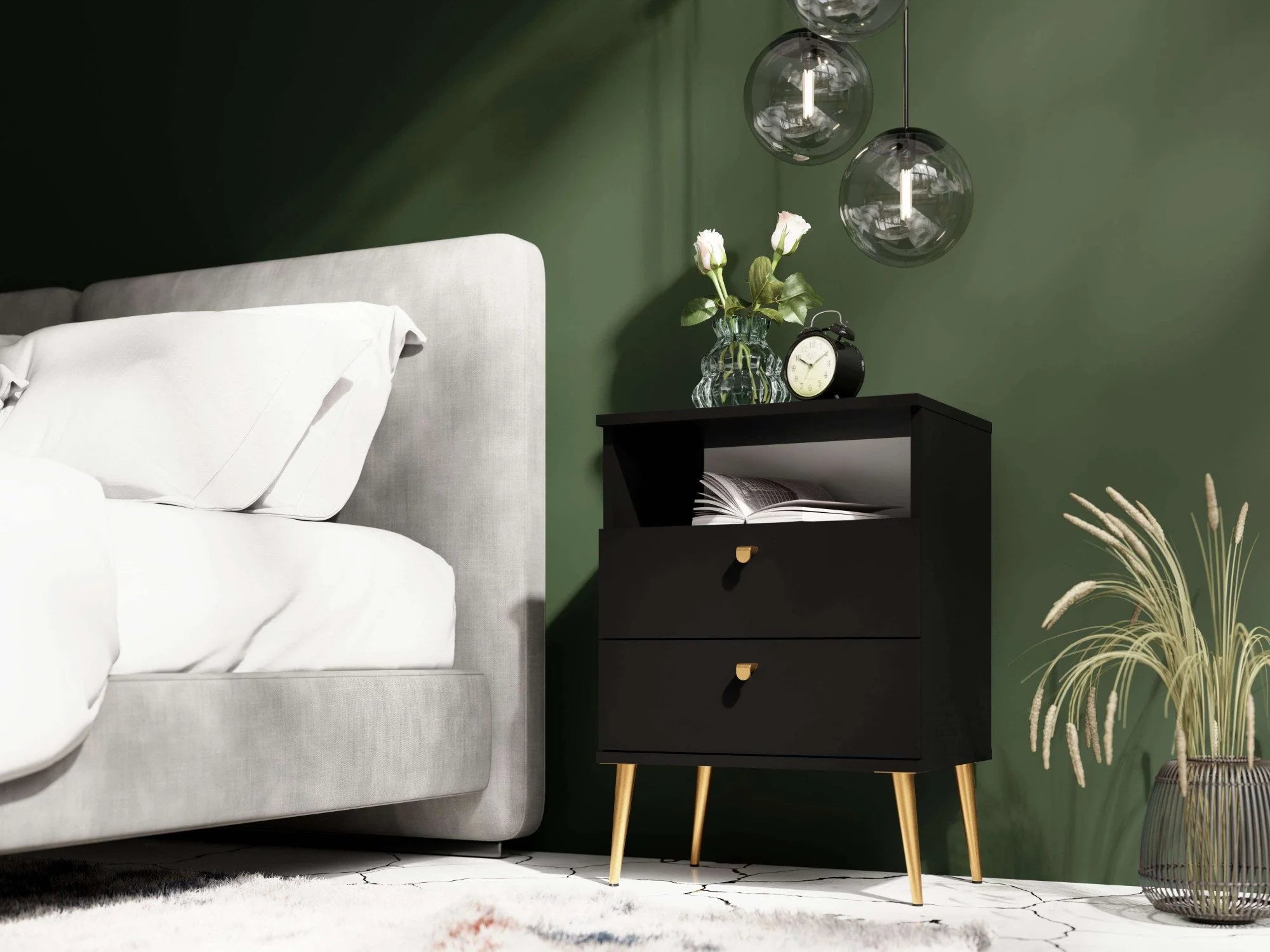 Mesita de noche Elyria con diseño elegante en negro, tiradores metálicos – 50 cm