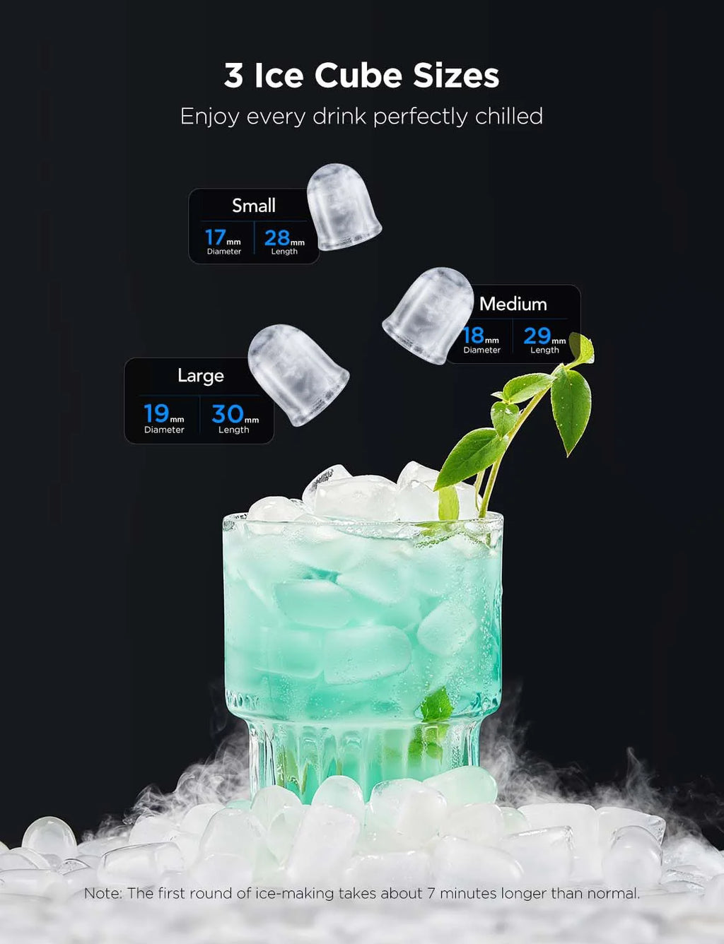 2025 GoveeLife Máquina de Hielo Inteligente con Control por Voz – 9 Cubos en 6 Minutos, 3 Tamaños, 12 kg/24h, Autolimpiante, Iluminación RGB, Silenciosa, con Pala – Negra