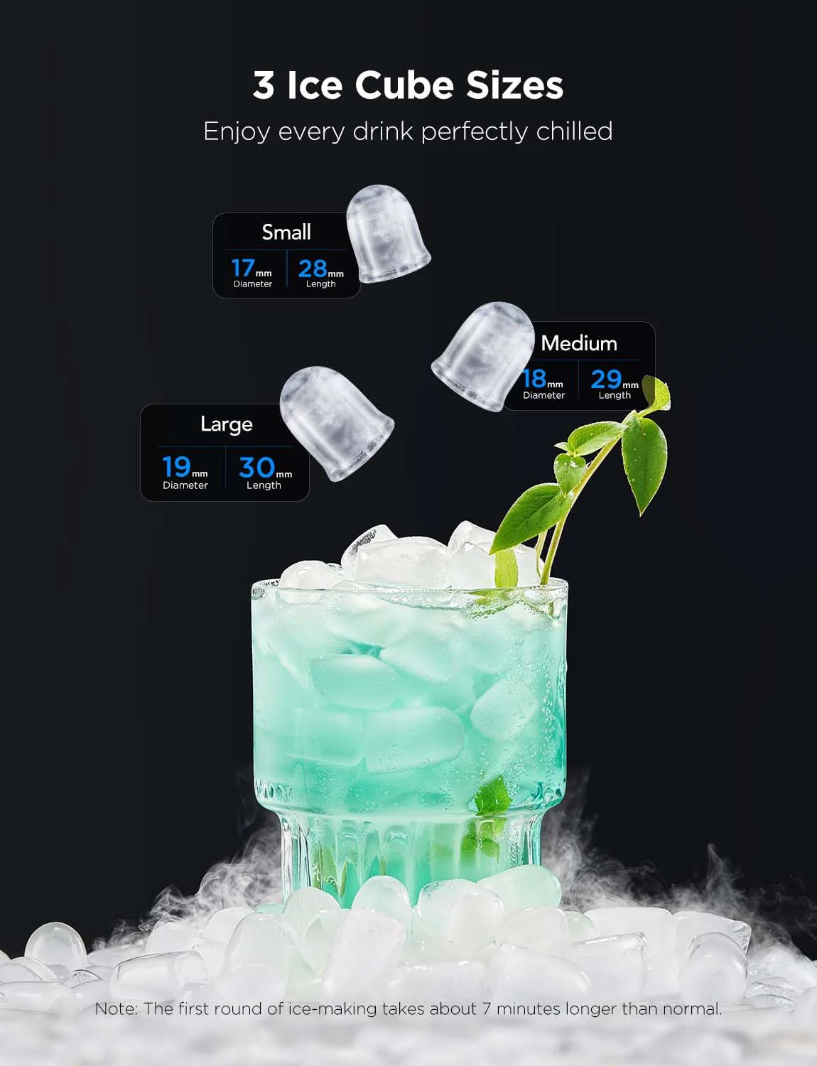 2025 GoveeLife Máquina de Hielo Inteligente con Control por Voz – 9 Cubos en 6 Minutos, 3 Tamaños, 12 kg/24h, Autolimpiante, Iluminación RGB, Silenciosa, con Pala – Negra
