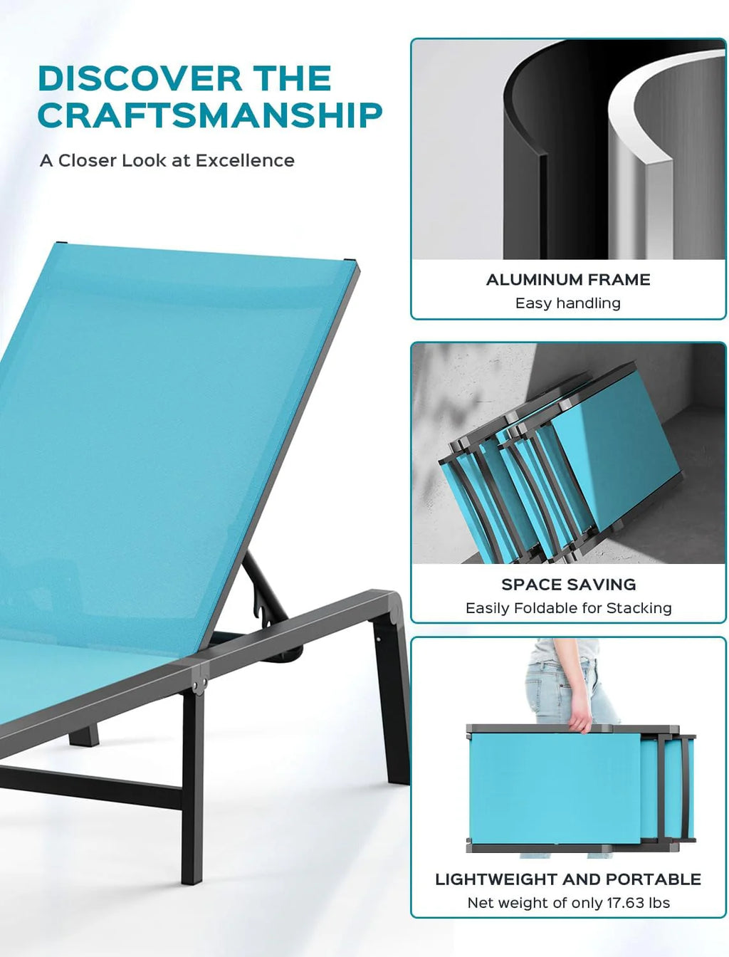 Tumbona de Aluminio para Exterior – Silla de Jardín Plegable sin Montaje, con Respaldo Ajustable en 5 Posiciones, para Terraza, Piscina, Playa – Negra