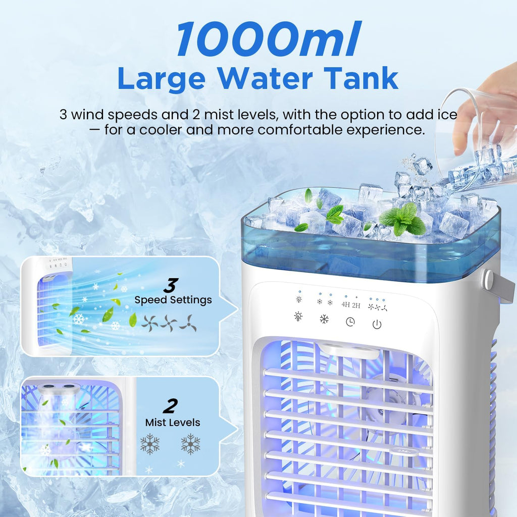 AIMIUVEI Mini Aire Acondicionado Portátil, Enfriador de Aire 5 en 1, Ventilador con Tanque de 1000 ml, 3 Velocidades, 2 Modos de Nebulización, Temporizador de 2-4 horas, Ventilador Refrigerador con 7 Luces LED para Dormitorio y Oficina