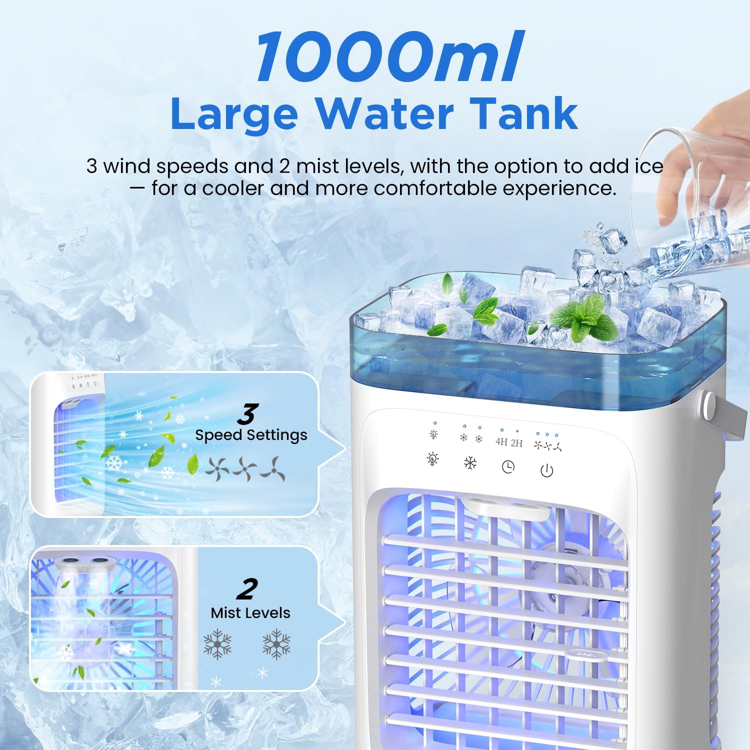 AIMIUVEI Mini Aire Acondicionado Portátil, Enfriador de Aire 5 en 1, Ventilador con Tanque de 1000 ml, 3 Velocidades, 2 Modos de Nebulización, Temporizador de 2-4 horas, Ventilador Refrigerador con 7 Luces LED para Dormitorio y Oficina