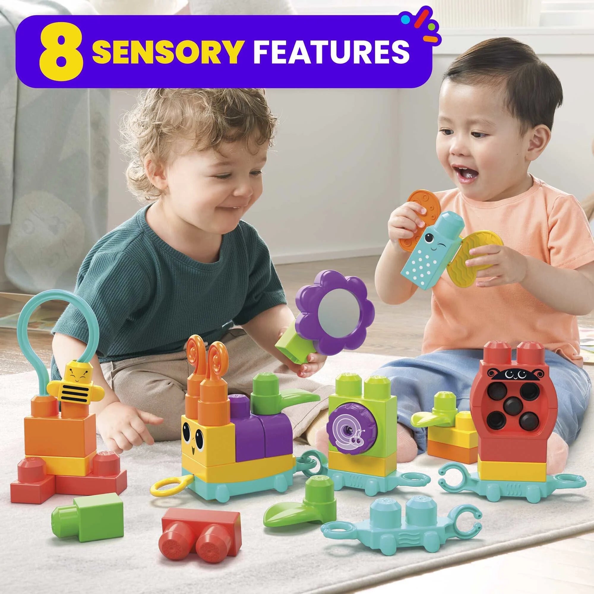 MEGA BLOKS Fisher-Price Bloques Sensoriales Move n Groove Oruga (24 piezas) para niños pequeños