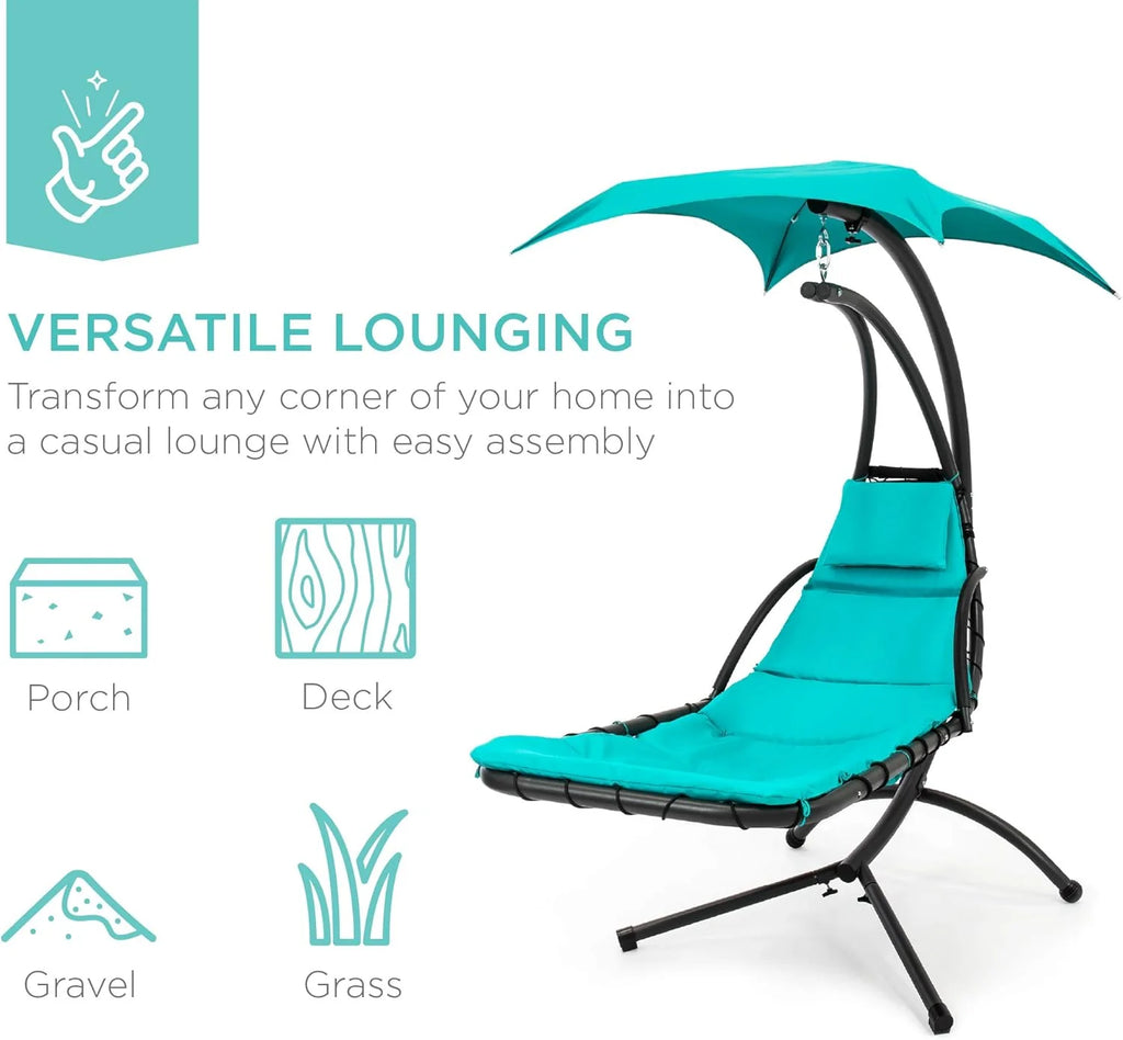 Chaise Longue Suspendue de Exterior Best Choice Products – Silla Balancín Curvada de Acero con Cojín Integrado y Toldo Desmontable – Gris Carbón