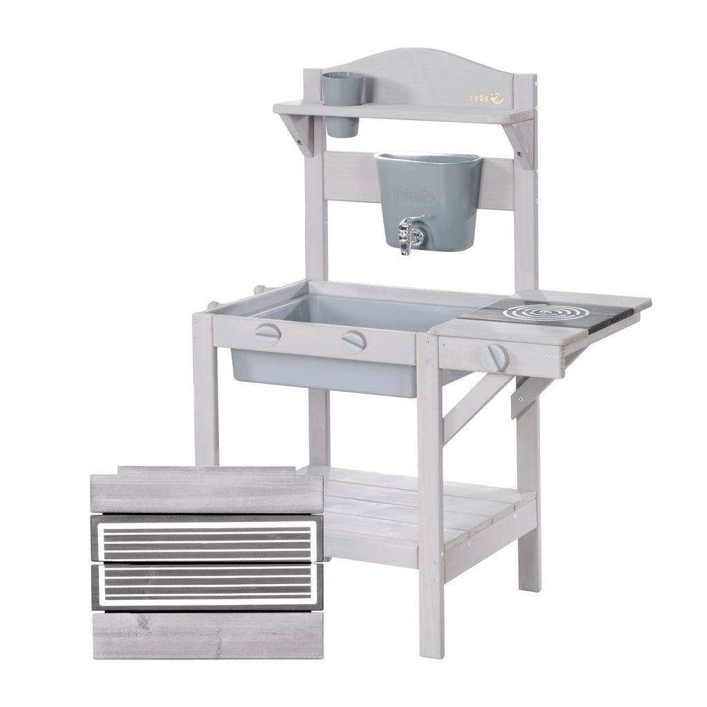 Cocina de juego al aire libre con accesorios – Madera certificada FSC – Acabado en gris grabado