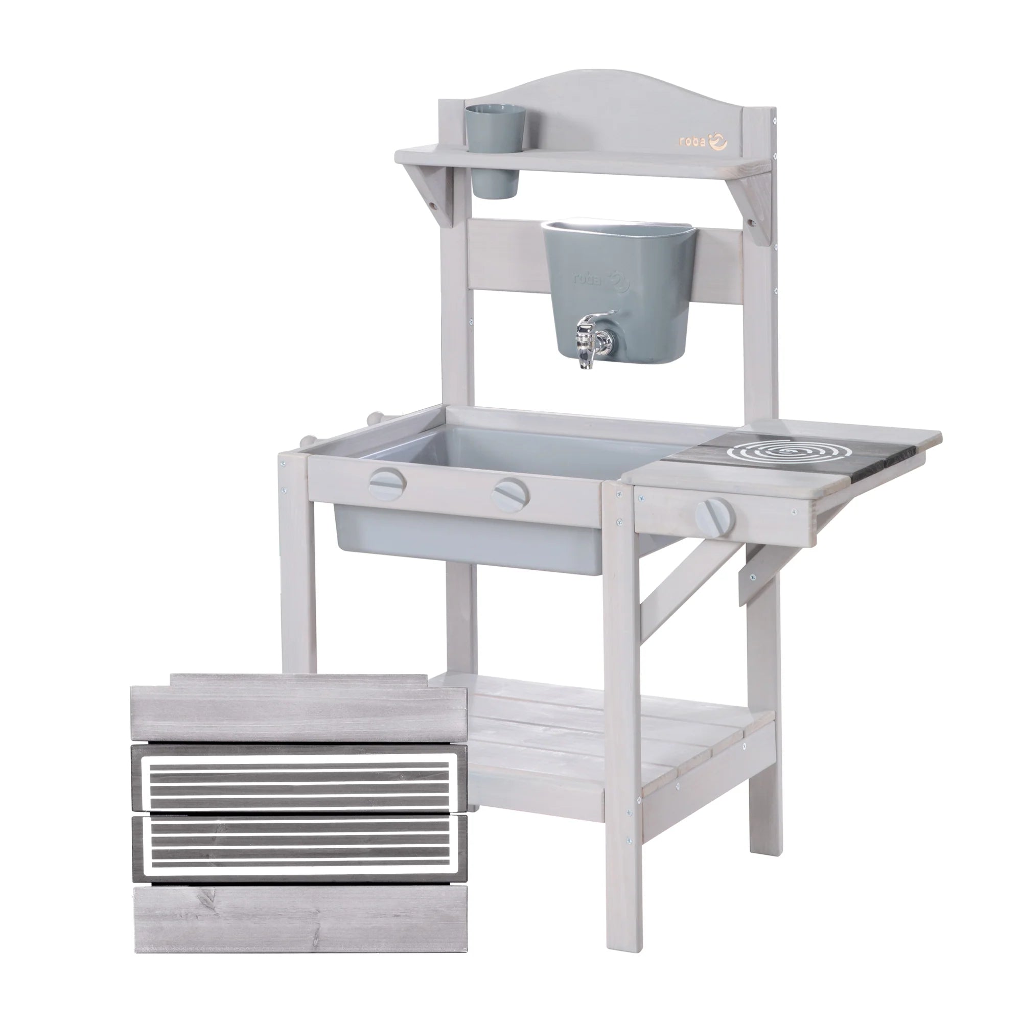 Cocina de juego al aire libre con accesorios – Madera certificada FSC – Acabado en gris grabado