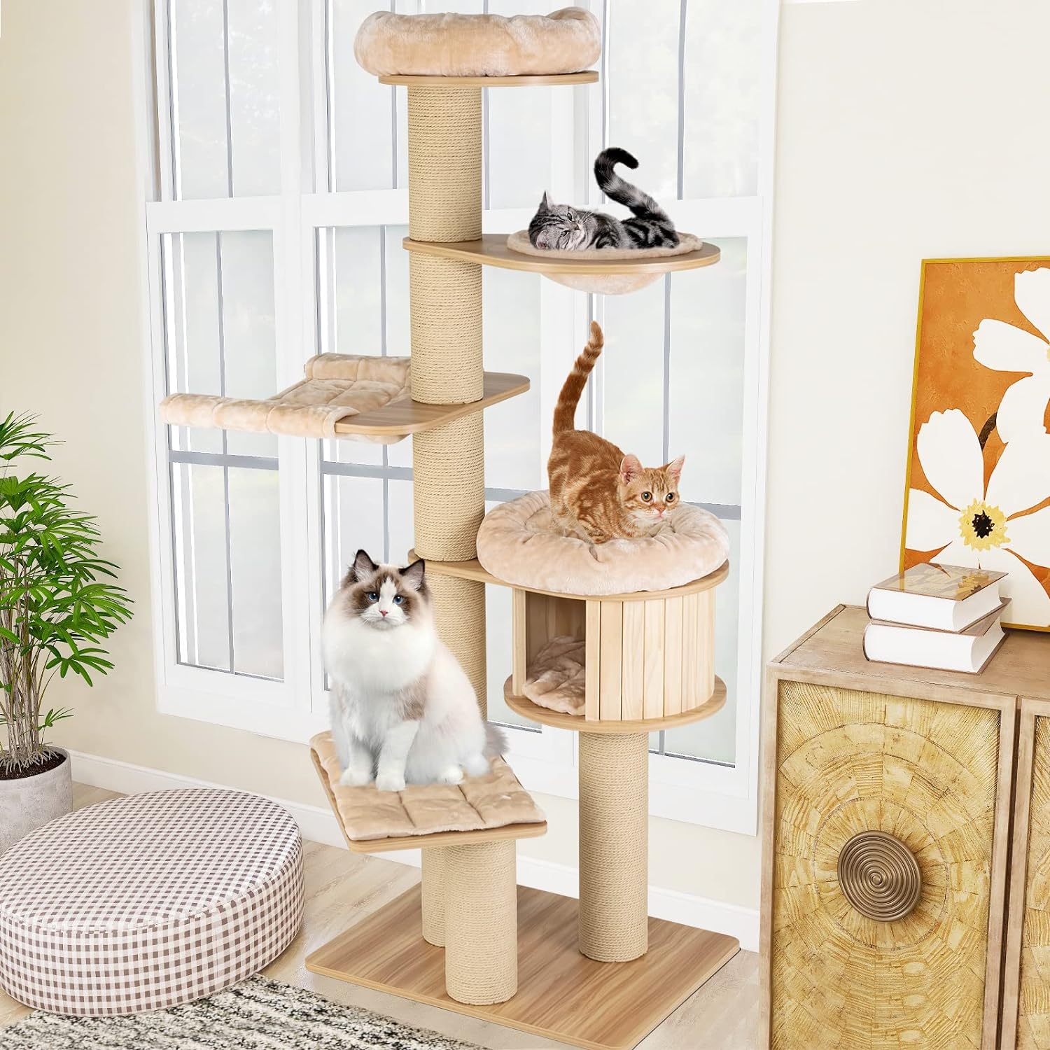Árbol para Gatos Grande, Torre de Múltiples Niveles con Poste de Sisal, Hamaca, Cesta Colgante y Alfombrillas Desmontables y Lavables, Perfecto para Gatos Grandes