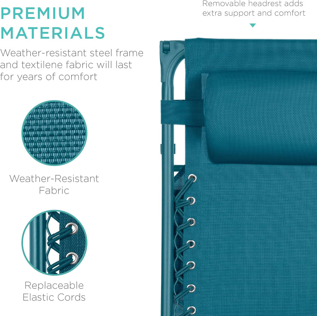 Best Choice Products – Silla Reclinable de Patio con Gravedad Cero, Ajustable y Plegable para Exteriores con Dosel, Almohada Cervical y Bandeja Lateral, Textileno – Azul Pavo Real