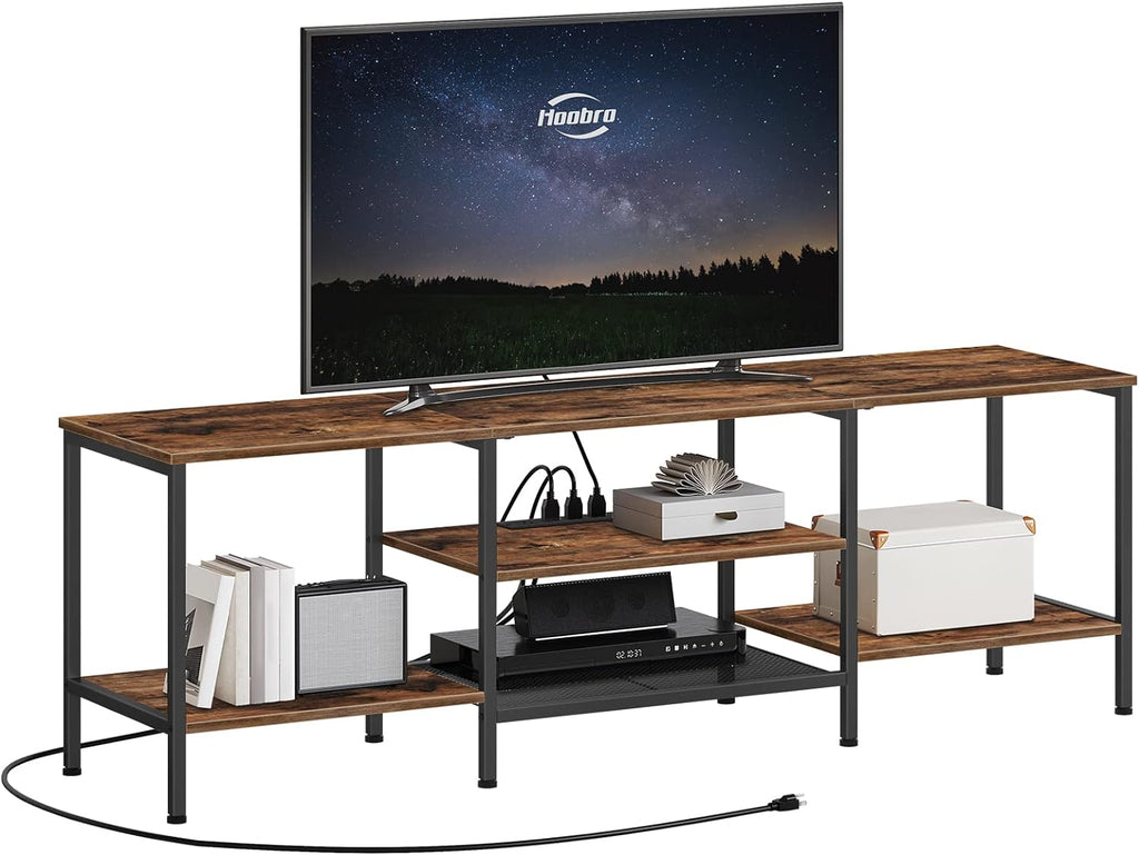 Mueble para TV con Enchufes Integrados para TVs de hasta 75 Pulgadas, Mesa Consola con Estantes Abiertos, Centro de Entretenimiento Industrial para Sala o Dormitorio, Color Marrón Rústico y Negro BF60DS01