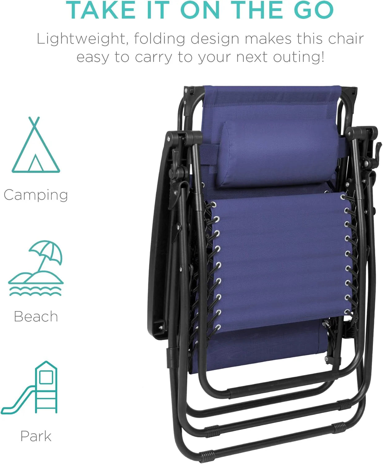 Best Choice Products – Silla Reclinable de Patio con Gravedad Cero, Ajustable y Plegable para Exteriores con Dosel, Almohada Cervical y Bandeja Lateral, Textileno – Azul Pavo Real
