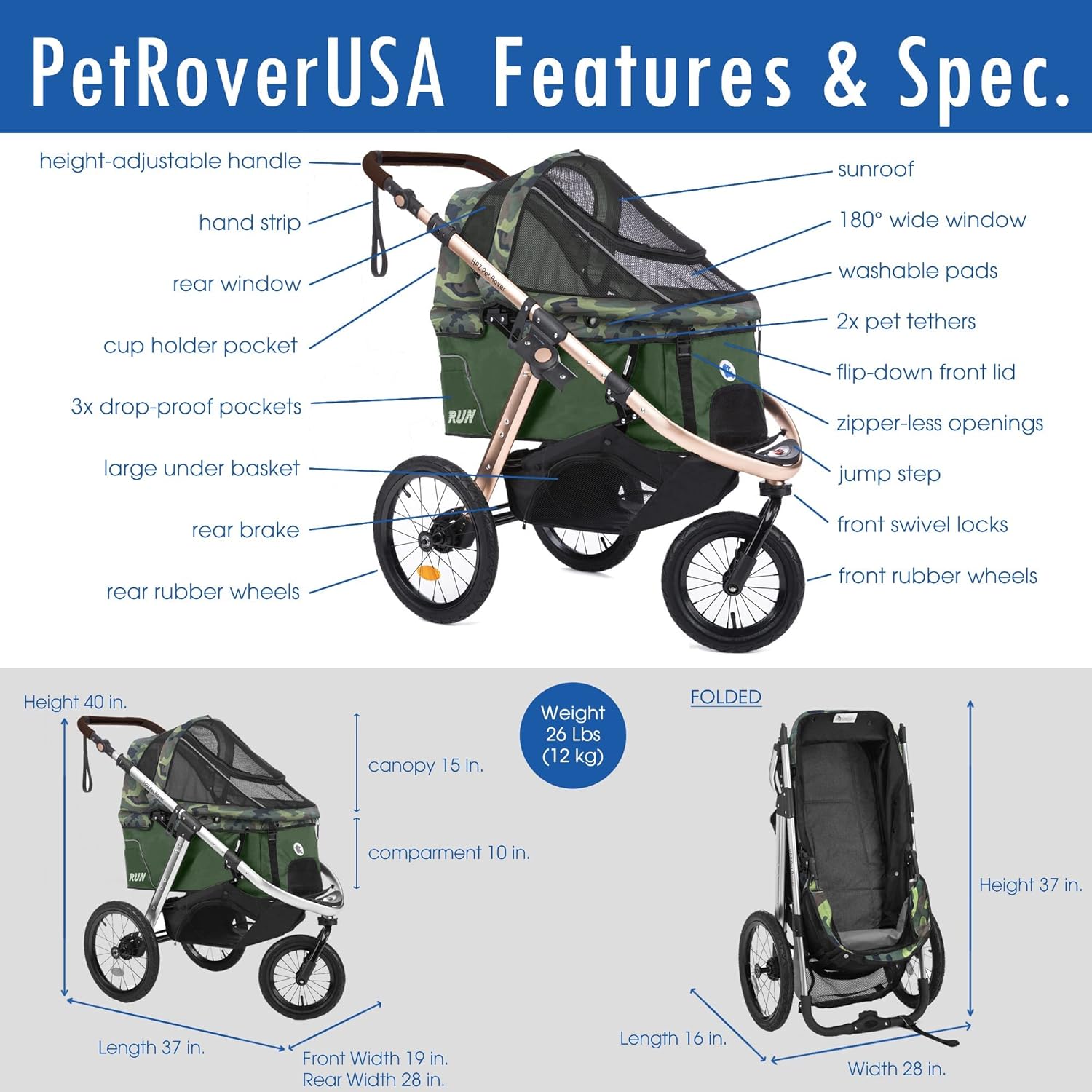 Coche Deportivo para Correr con Ruedas de Goma Confort / Entrada sin Cremallera / Plegado Rápido con Una Mano / Estructura de Aluminio para Perros, Gatos y Mascotas Pequeñas o Medianas (Camuflaje Verde)