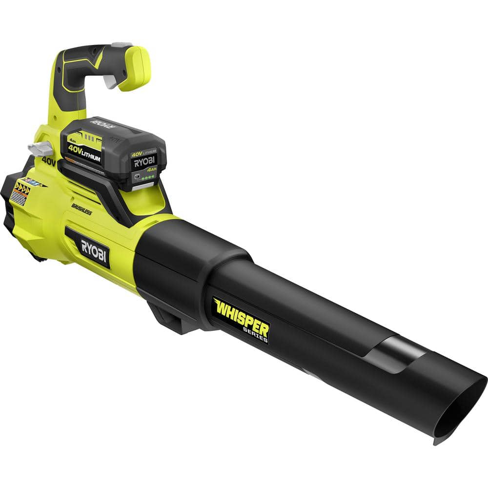 Soplador a Batería Inalámbrico RYOBI Whisper Series 40V Brushless con Motor Sin Escobillas, Velocidad de 125 MPH y Flujo de Aire de 550 CFM, con Batería de 4.0 Ah y Cargador RY40470