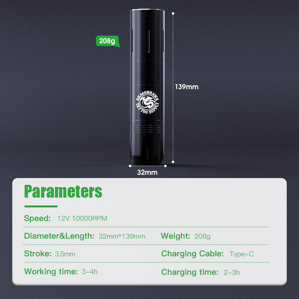Kit de Máquina de Tatuaje Rotativa Inalámbrica tipo Bolígrafo Dragonhawk X3 PRO con Juego de Cartuchos para Principiantes