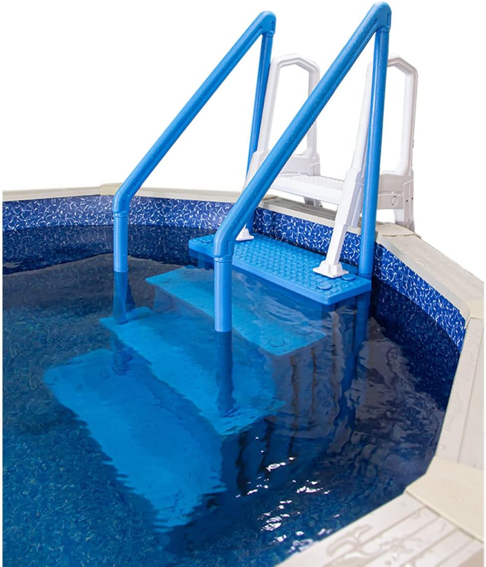 Escalones antideslizantes Aqua Select para piscinas elevadas | Azul | Para piscinas sobre tierra | Se pueden montar en terrazas de 48" a 54" de altura | Escalera de seguridad con capacidad hasta 250 lbs