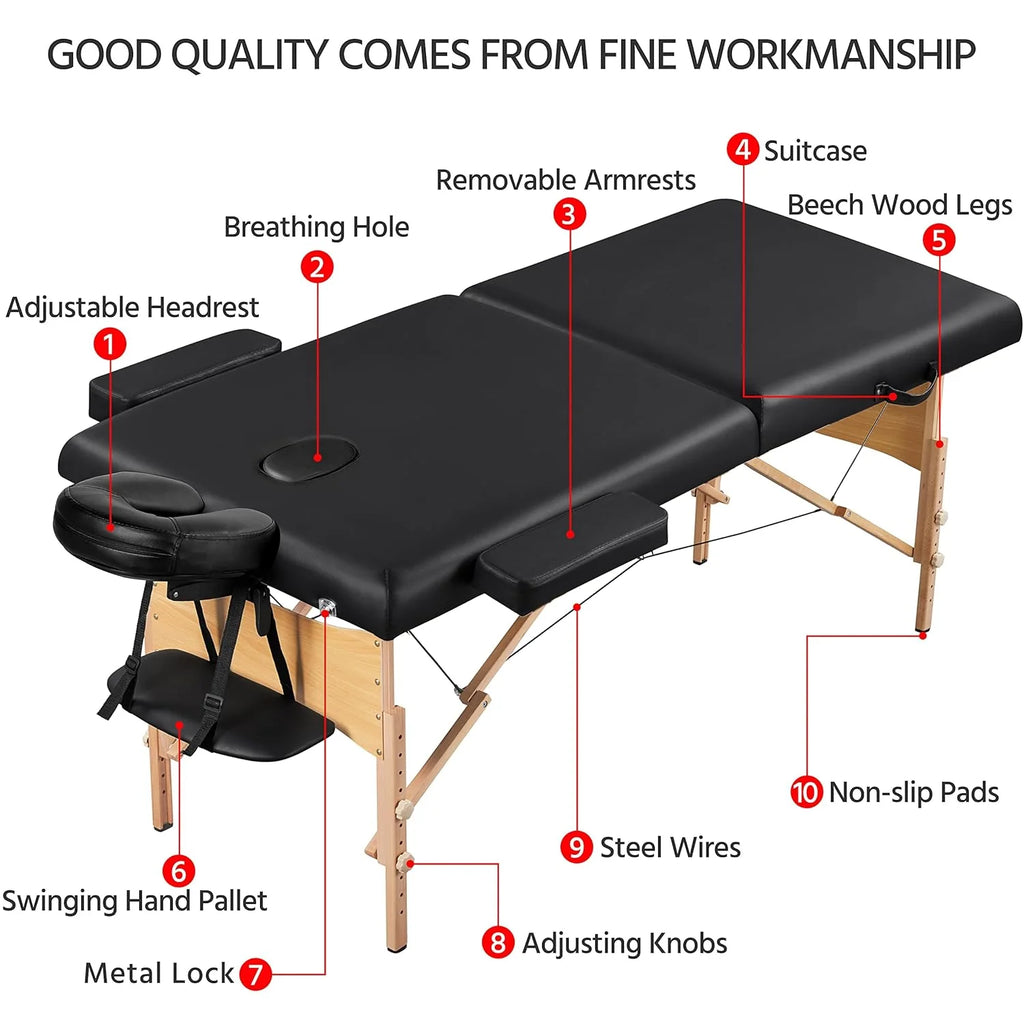 Mesa de Masajes Yaheetech – Mesa Plegable Portátil para Tratamientos, Pestañas, Spa – Mesa de Masaje Ajustable en 2 Secciones con Bolsa No Tejida, 24 pulgadas, Negra