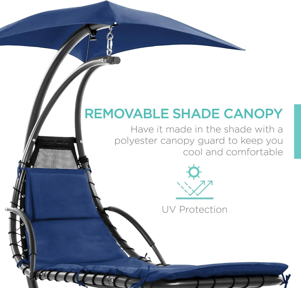 Chaise Longue Suspendue de Exterior Best Choice Products – Silla Balancín Curvada de Acero con Cojín Integrado y Toldo Desmontable – Gris Carbón