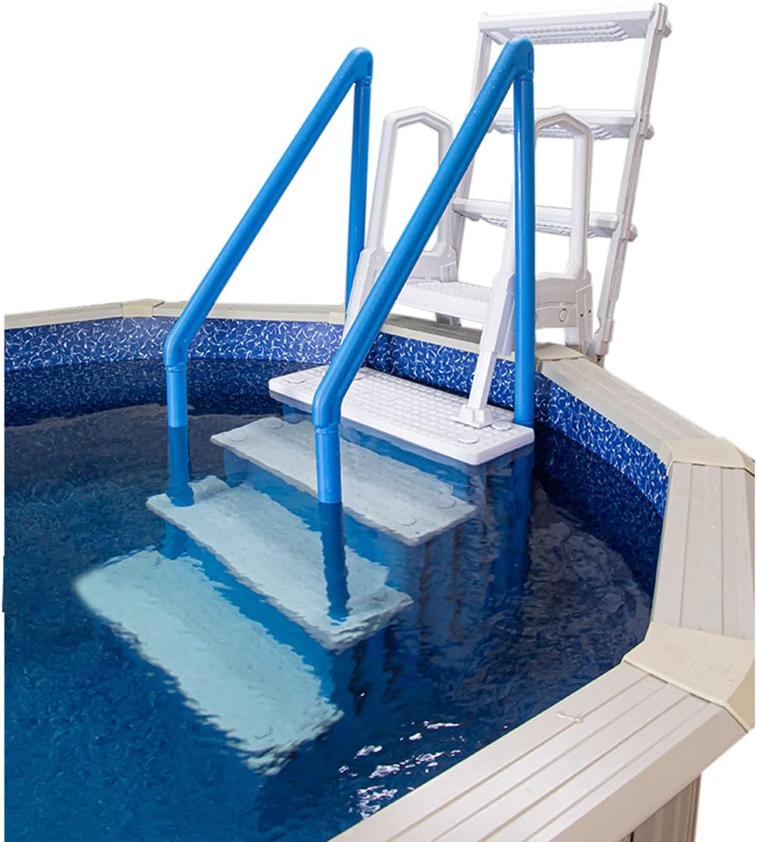Escalones antideslizantes Aqua Select para piscinas elevadas | Azul | Para piscinas sobre tierra | Se pueden montar en terrazas de 48" a 54" de altura | Escalera de seguridad con capacidad hasta 250 lbs