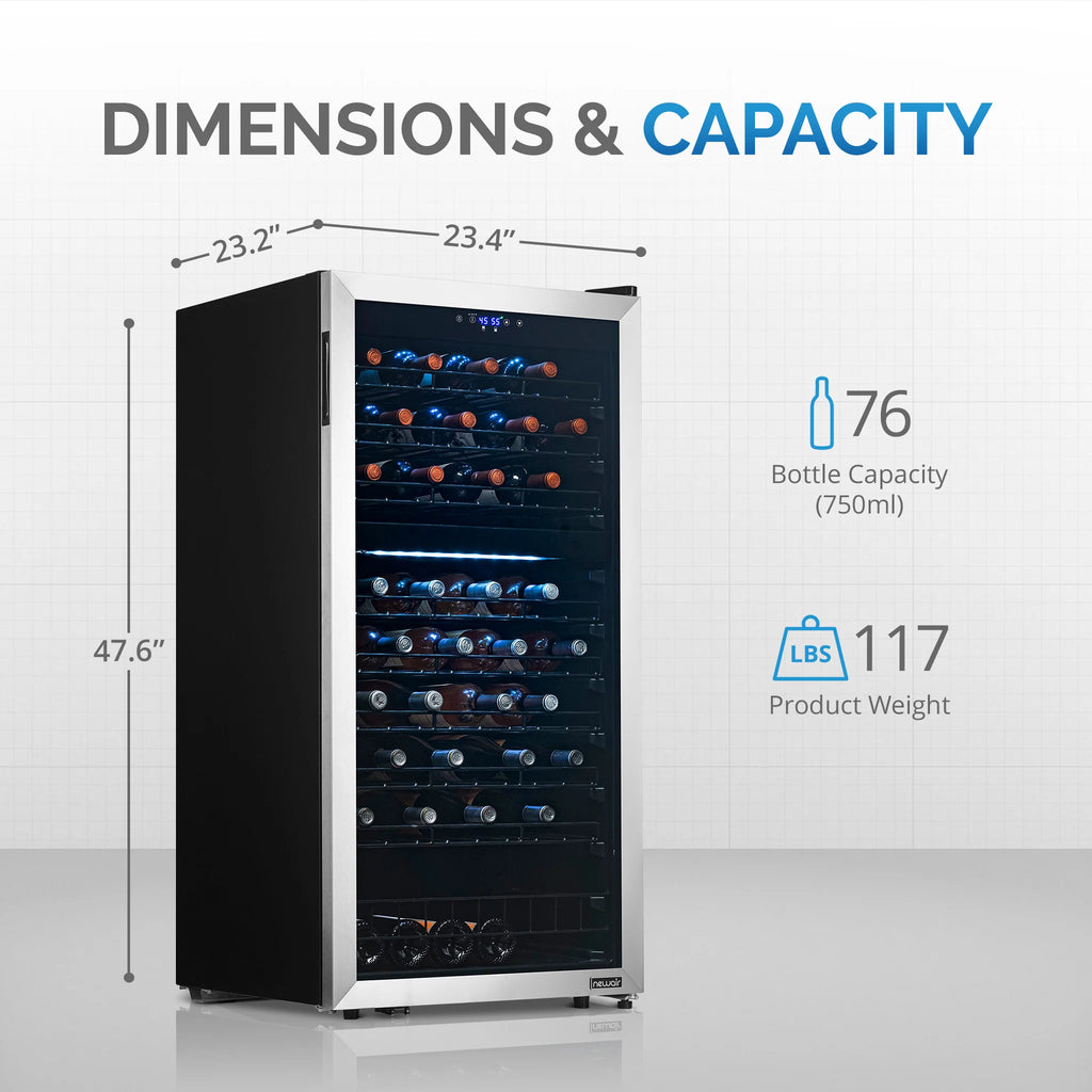 2025 Refrigerador de Vinos Independiente Newair® de Acero Inoxidable – 76 Botellas – 23" con Doble Zona