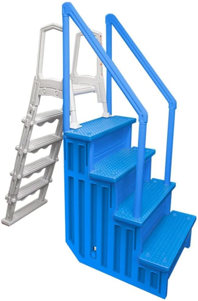 Escalones antideslizantes Aqua Select para piscinas elevadas | Azul | Para piscinas sobre tierra | Se pueden montar en terrazas de 48" a 54" de altura | Escalera de seguridad con capacidad hasta 250 lbs