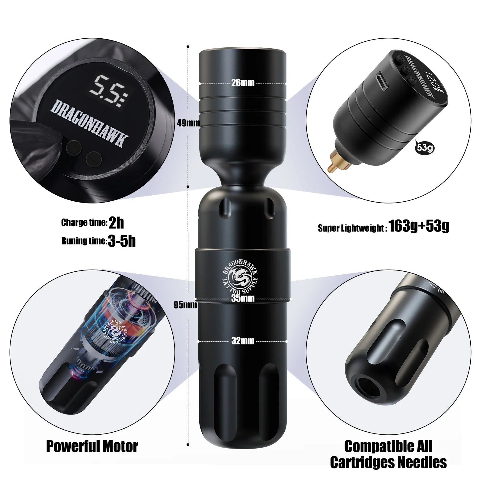 Kit de Máquina de Tatuaje Inalámbrica Dragonhawk S8 con Carrera de 3.5MM