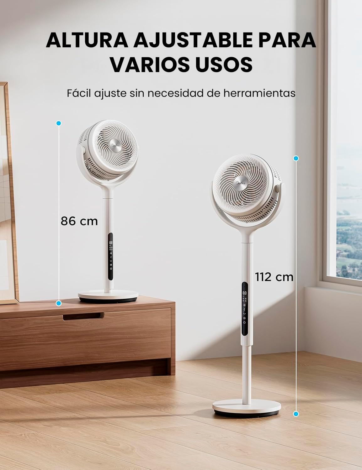 Ventilador de Pie MIDEA 12 Velocidades con Control Remoto – Ventilador Silencioso con Oscilación de 120º + 135º – Ventilador con Temporizador, Filtro y Doble Aspa – Flujo de Aire hasta 24 metros