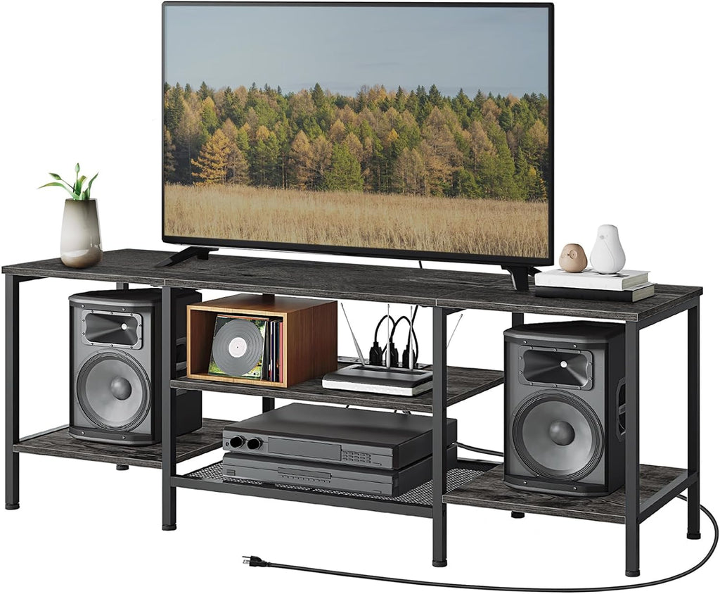 Mueble para TV con Enchufes Integrados para TVs de hasta 75 Pulgadas, Mesa Consola con Estantes Abiertos, Centro de Entretenimiento Industrial para Sala o Dormitorio, Color Marrón Rústico y Negro BF60DS01