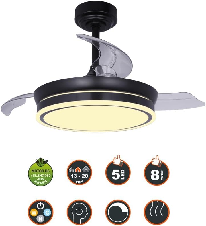 wonderlamp – Ventilador de Techo con Luz LED Pearl Mini, Aspas Retráctiles, Motor DC Muy Silencioso, 3 Temperaturas de Color Regulables, 46W, Blanco
