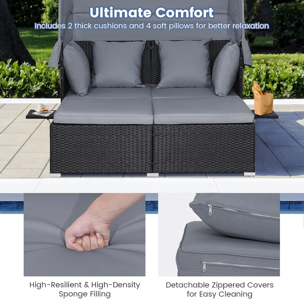 RELAX4LIFE Cama de Jardín Exterior con Dosel, Tumbona de Resina Trenzada con Cojines, 4 Almohadas y 2 Bandejas Laterales Retráctiles, Cama Lounge para 2 Personas para Piscina, Porche, Jardín, Cama de Exterior de Ratán (Turquesa)