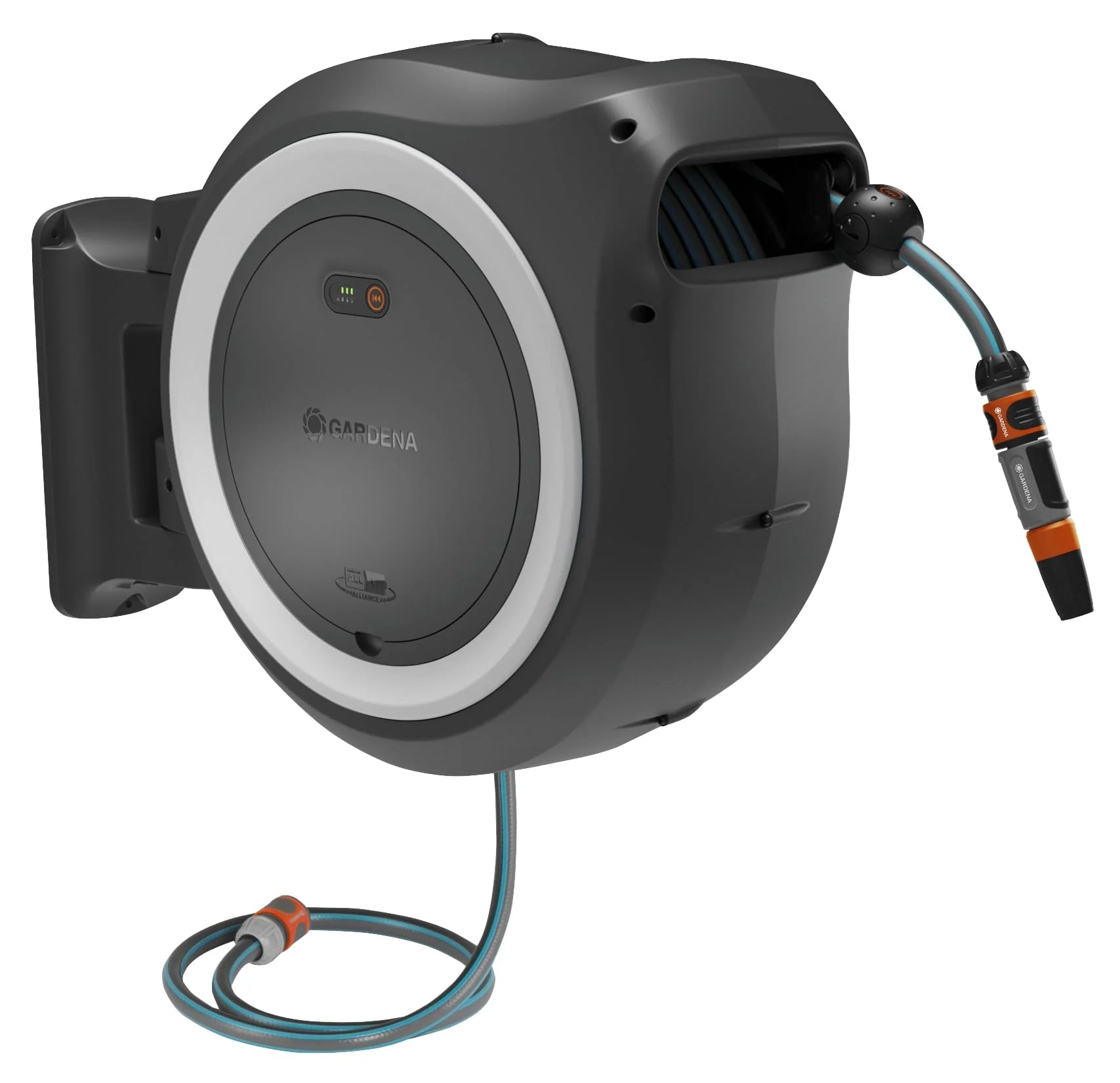 2025 Caja de Pared con Batería Gardena PowerRoll XL Lista para Usar: Enrollador Automático con Manguera de Jardín de 35 m, Guía de Manguera y RollControll, Kit Completo con Batería (18642-20)