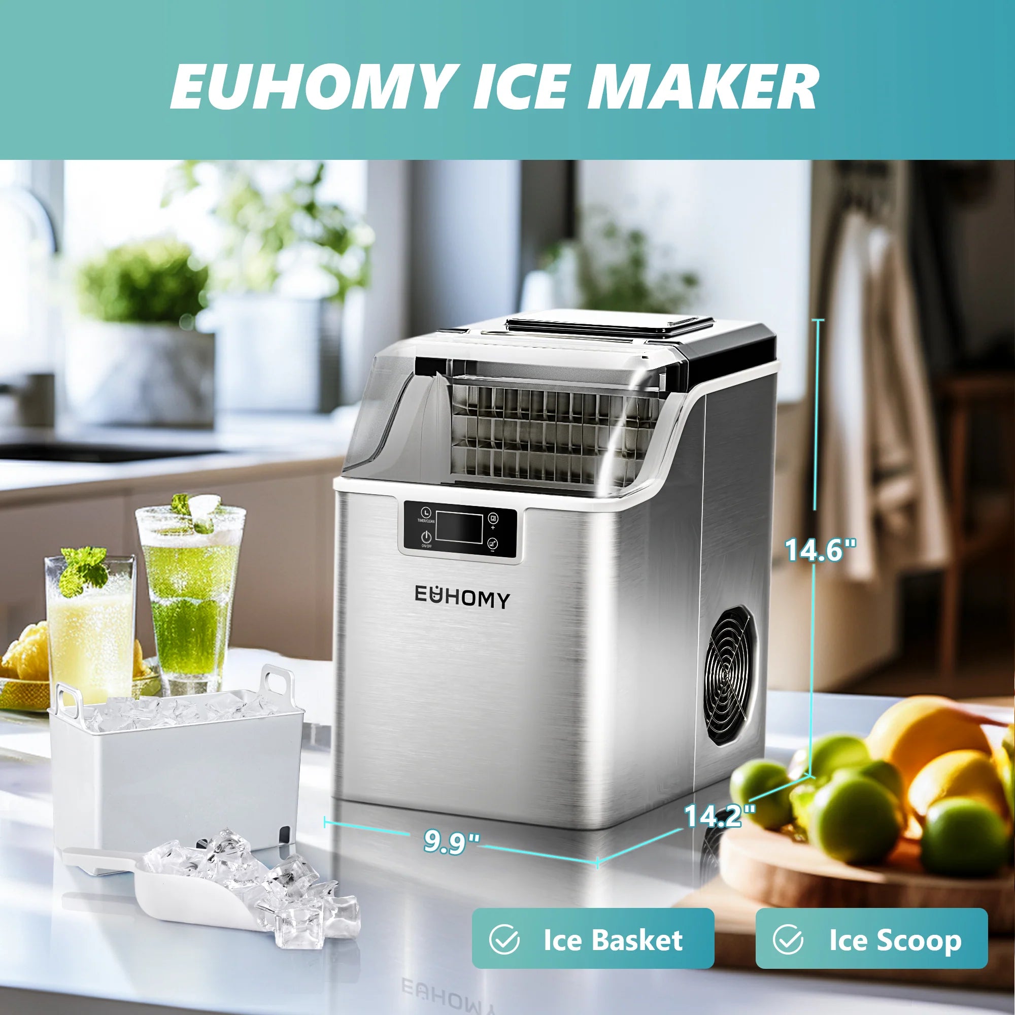 2025 Máquina de hielo compacta EUHOMY 14" Cube – Grosor de hielo ajustable con depósito de agua