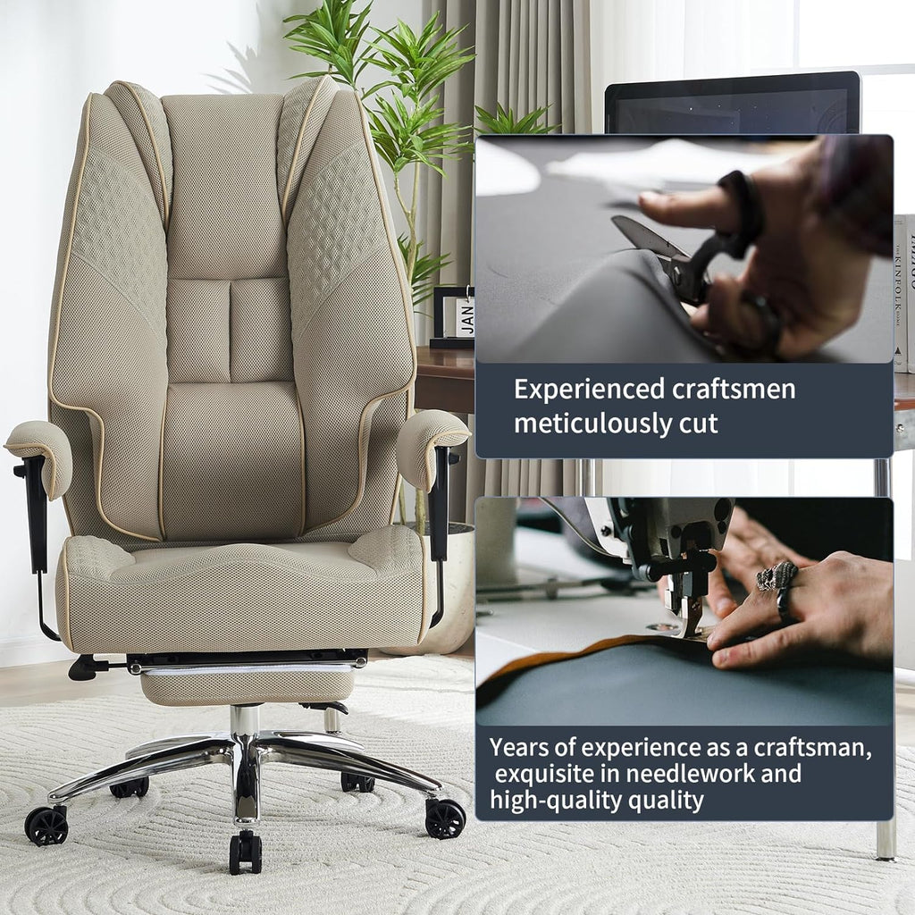 Silla de Oficina Alta y Ancha para 400 lbs, Silla Ejecutiva de Cuero con Respaldo Alto y Reposapiés, Silla Ergonómica con Soporte Lumbar para Aliviar el Dolor de Espalda Baja (Beige)
