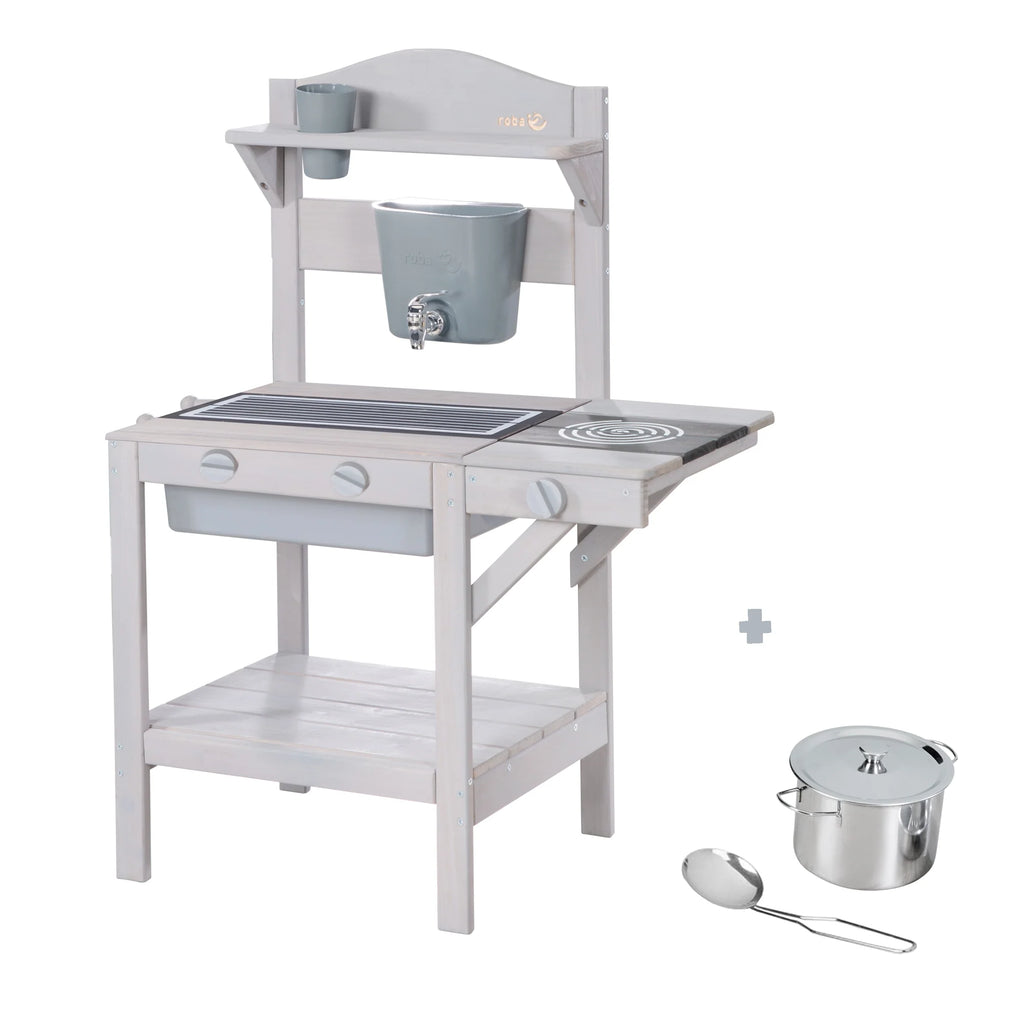 Cocina de juego al aire libre con accesorios – Madera certificada FSC – Acabado en gris grabado