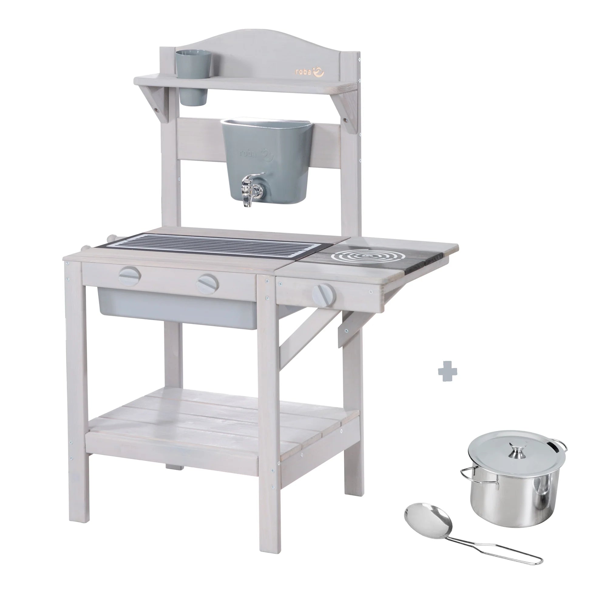 Cocina de juego al aire libre con accesorios – Madera certificada FSC – Acabado en gris grabado
