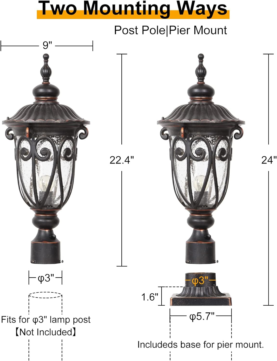 Luz de Pared Exterior Grande de 23" para Porche, Paquete de 2, Lámpara de Pared de Aluminio para Exterior, Farol Vintage de Bronce con Pantalla de Vidrio Transparente con Burbujas para Garaje